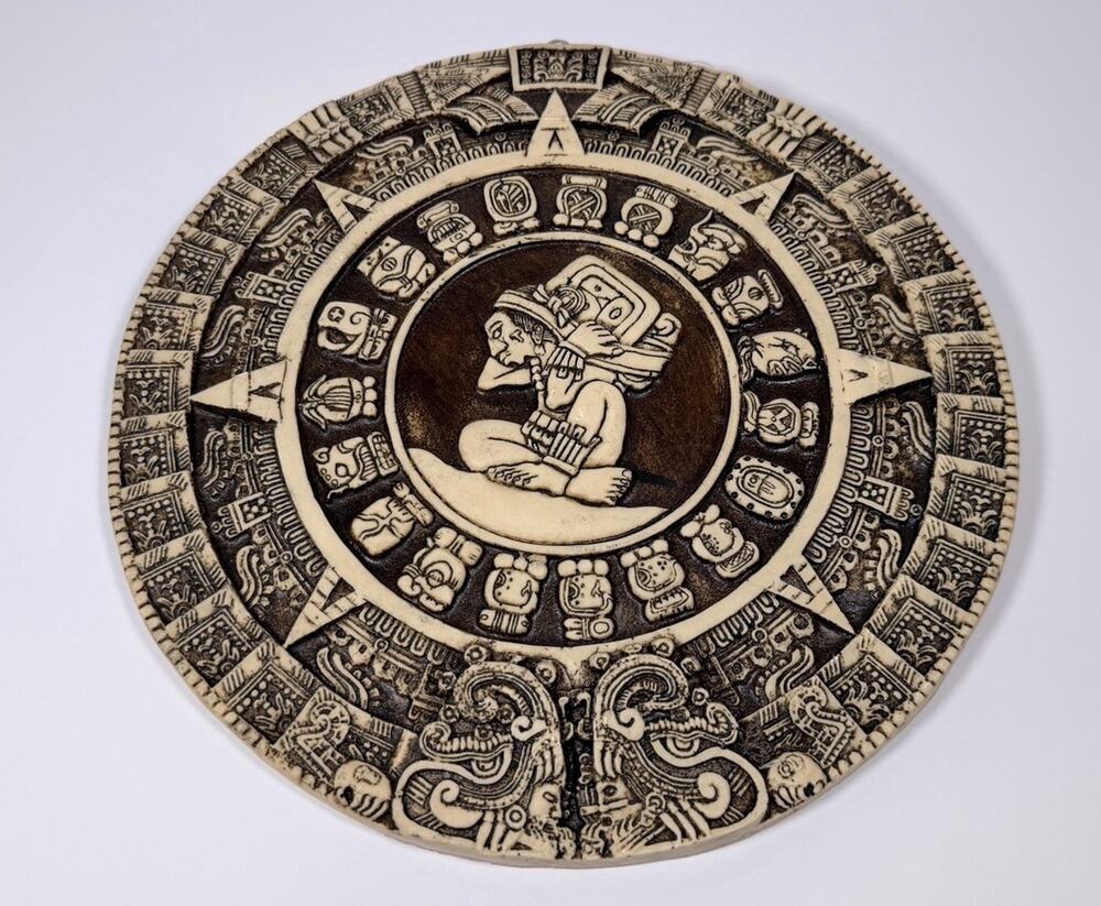 Vintage Mayan Aztec Calendar Wall Plaque Carved Resin Relief Made in Mexico
